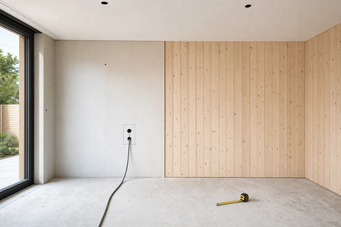 Vorbereiteter Wellnessraum mit Elektroanschluss und teilweise verkleideter Wand