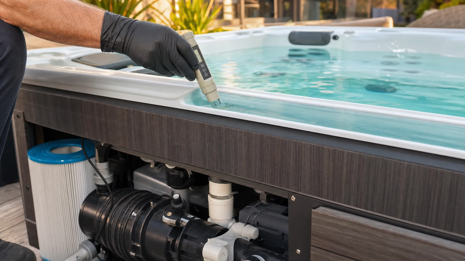 Techniker prüft die Wasserqualität eines Whirlpools